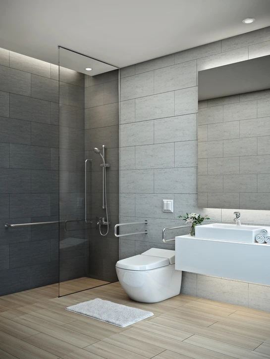 Salle de bain moderne avec douche à l'italienne vitrée, WC suspendu et vasque rectangulaire blanche sur plan suspendu