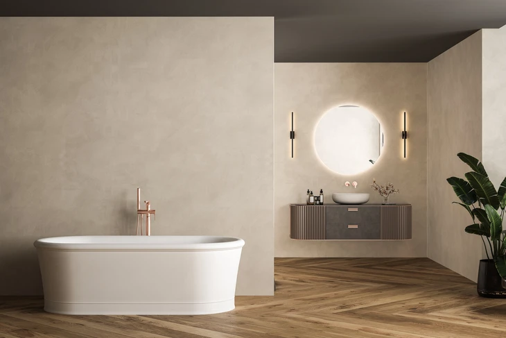 Salle de bain moderne luxueuse avec double vasque, rangements intégrés, miroir mural et cabine de douche vitrée