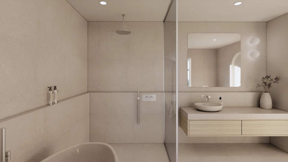 Salle de bain moderne avec douche à l'italienne, WC et bidet suspendus, meuble vasque en bois sombre