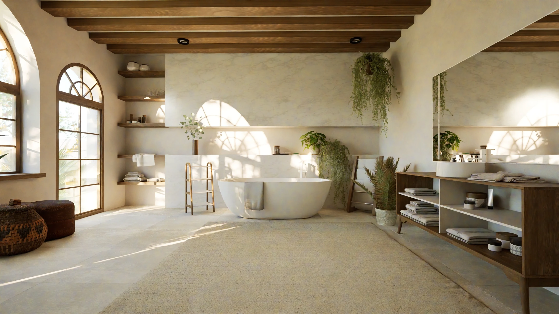 Salle de bains moderne avec baignoire îlot blanche, vasque suspendue et colonne de rangement en bois
