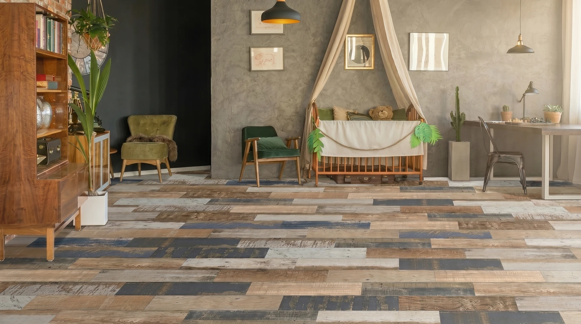 Carreaux de ciment décoratifs assemblés en patchwork présentant diverses motifs géométriques et floraux